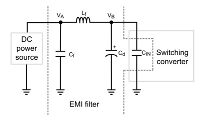 Schematic of low pass input EMI filter between primary power source and switching regulator Schematic of low pass input EMI filter